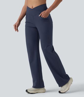 DayStretch - Yogahose mit hohem Crossover-Bund, mehreren Taschen, Bauchkontrolle und geradem Bein