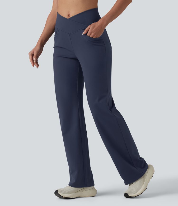 DayStretch - Yogahose mit hohem Crossover-Bund, mehreren Taschen, Bauchkontrolle und geradem Bein