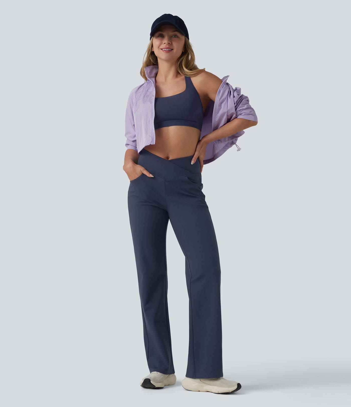 DayStretch - Yogahose mit hohem Crossover-Bund, mehreren Taschen, Bauchkontrolle und geradem Bein