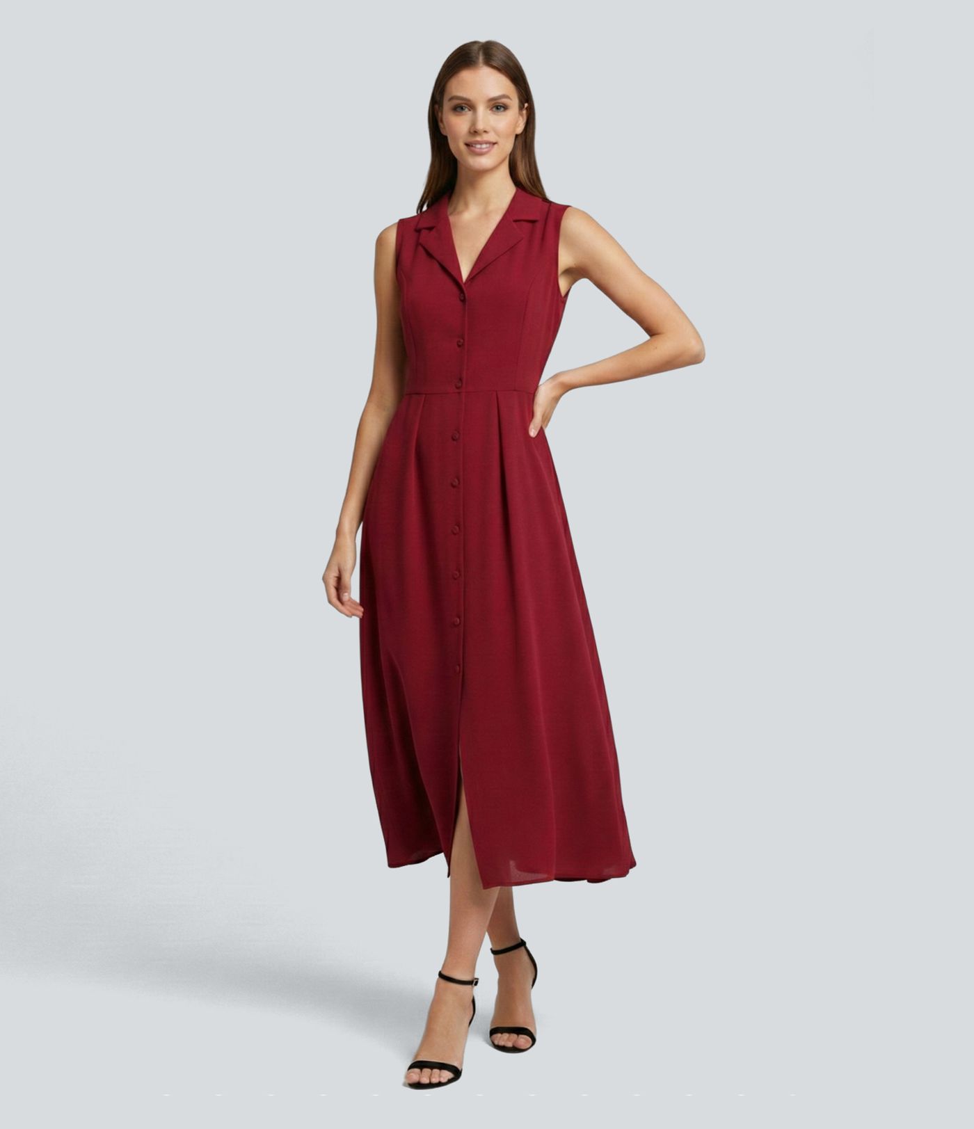 Wrinkle-resistant Sleeveless Button Fly Belted Midi Party Shirt Dress 