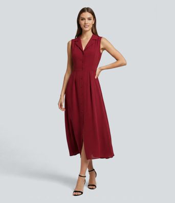 Wrinkle-resistant Sleeveless Button Fly Belted Midi Party Shirt Dress 