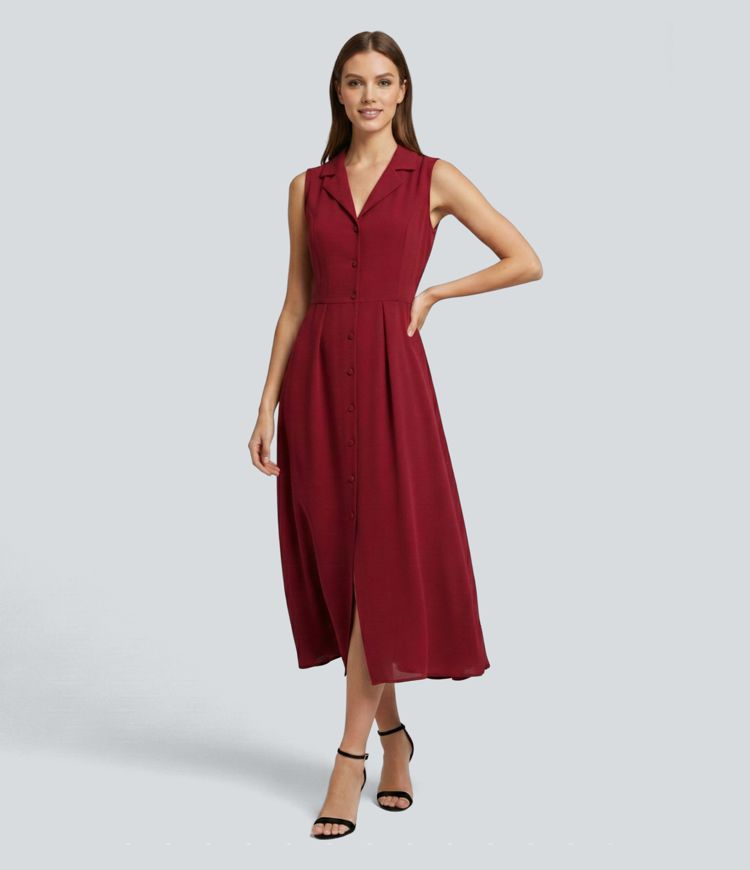 Wrinkle-resistant Sleeveless Button Fly Belted Midi Party Shirt Dress 