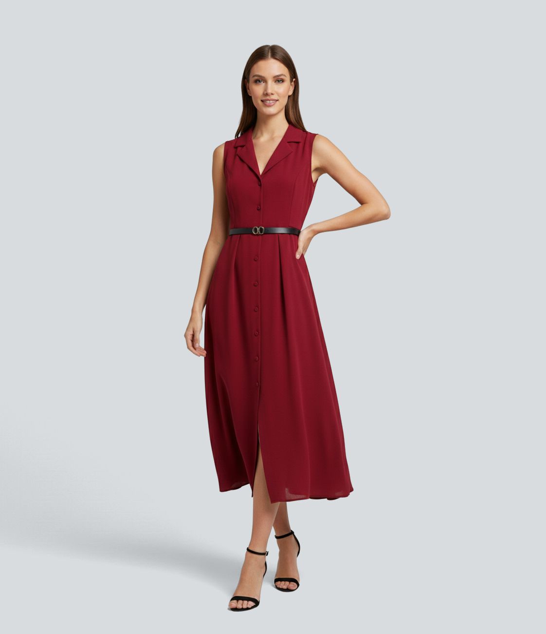 Wrinkle-resistant Sleeveless Button Fly Belted Midi Party Shirt Dress 