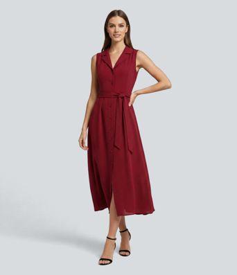 Wrinkle-resistant Sleeveless Button Fly Belted Midi Party Shirt Dress 