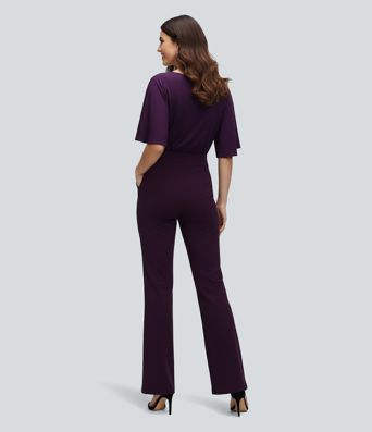 Boat Neck Short Sleeve Bootcut Casual Jumpsuit with Pockets-Easy Peezy Edition