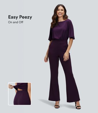 Boat Neck Short Sleeve Bootcut Casual Jumpsuit with Pockets-Easy Peezy Edition