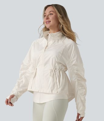 Durable Water Repellent Stand Collar Ruched Sleeve Drawstring Thumb Holes Hiking 3-in-1 Jacket with Pockets