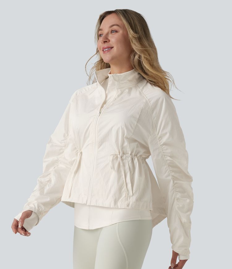 Durable Water Repellent Stand Collar Ruched Sleeve Drawstring Thumb Holes Hiking 3-in-1 Jacket with Pockets