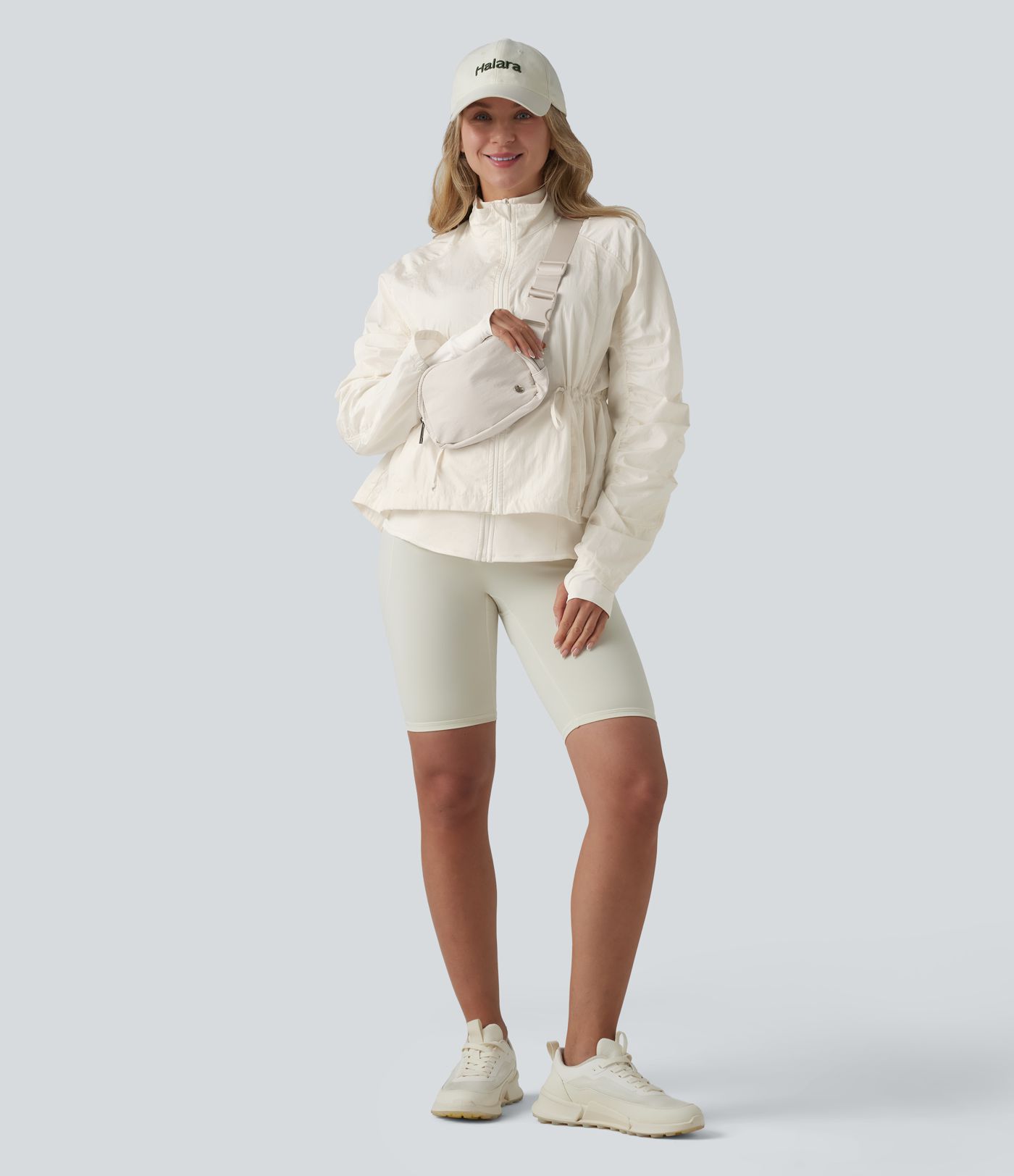 Durable Water Repellent Stand Collar Ruched Sleeve Drawstring Thumb Holes Hiking 3-in-1 Jacket with Pockets