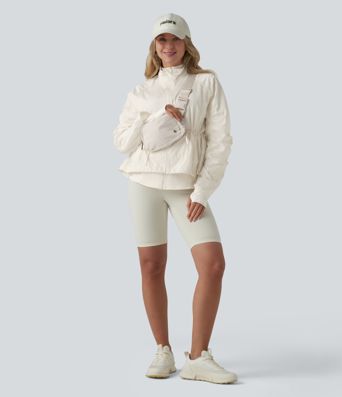 Durable Water Repellent Stand Collar Ruched Sleeve Drawstring Thumb Holes Hiking 3-in-1 Jacket with Pockets