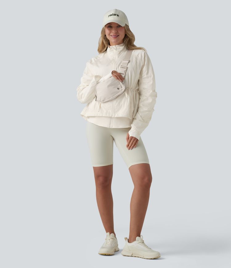 Durable Water Repellent Stand Collar Ruched Sleeve Drawstring Thumb Holes Hiking 3-in-1 Jacket with Pockets