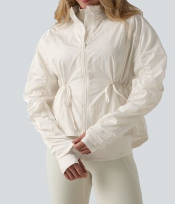 Durable Water Repellent Stand Collar Ruched Sleeve Drawstring Thumb Holes Hiking 3-in-1 Jacket with Pockets