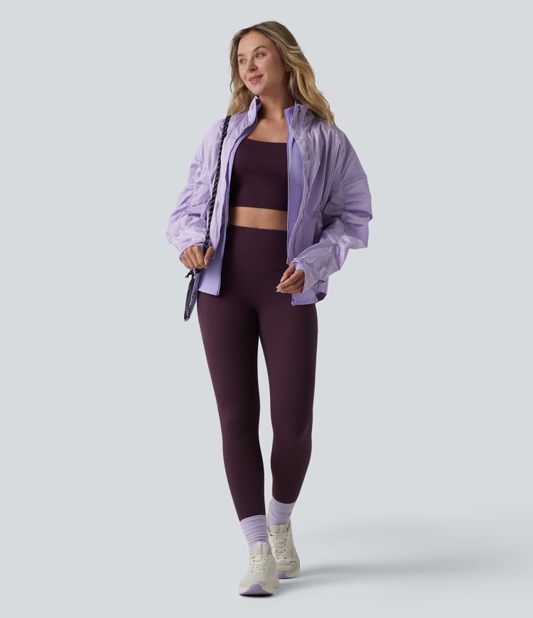 Durable Water Repellent Stand Collar Ruched Sleeve Drawstring Thumb Holes Hiking 3-in-1 Jacket with Pockets