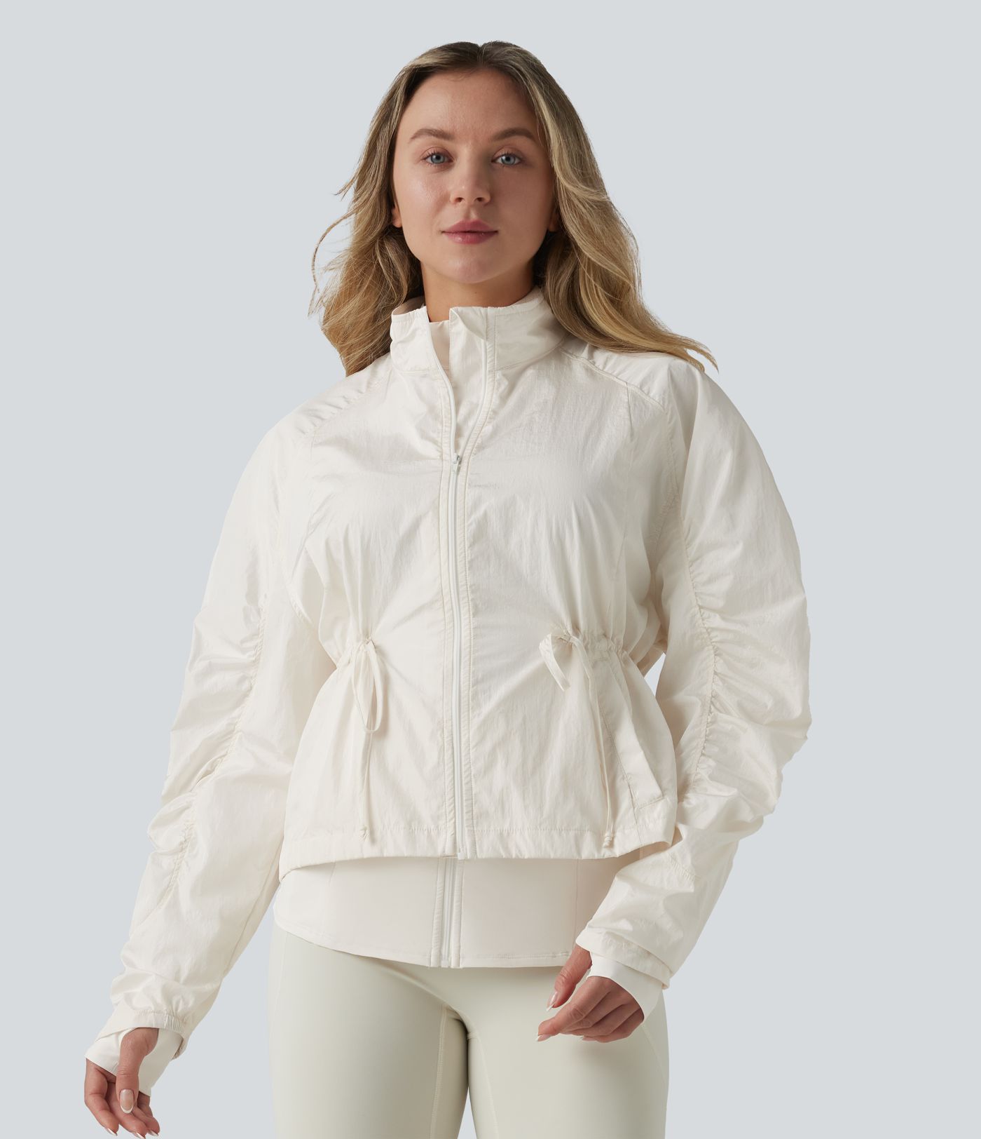 Durable Water Repellent Stand Collar Ruched Sleeve Drawstring Thumb Holes Hiking 3-in-1 Jacket with Pockets