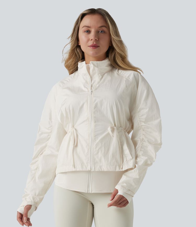 Durable Water Repellent Stand Collar Ruched Sleeve Drawstring Thumb Holes Hiking 3-in-1 Jacket with Pockets