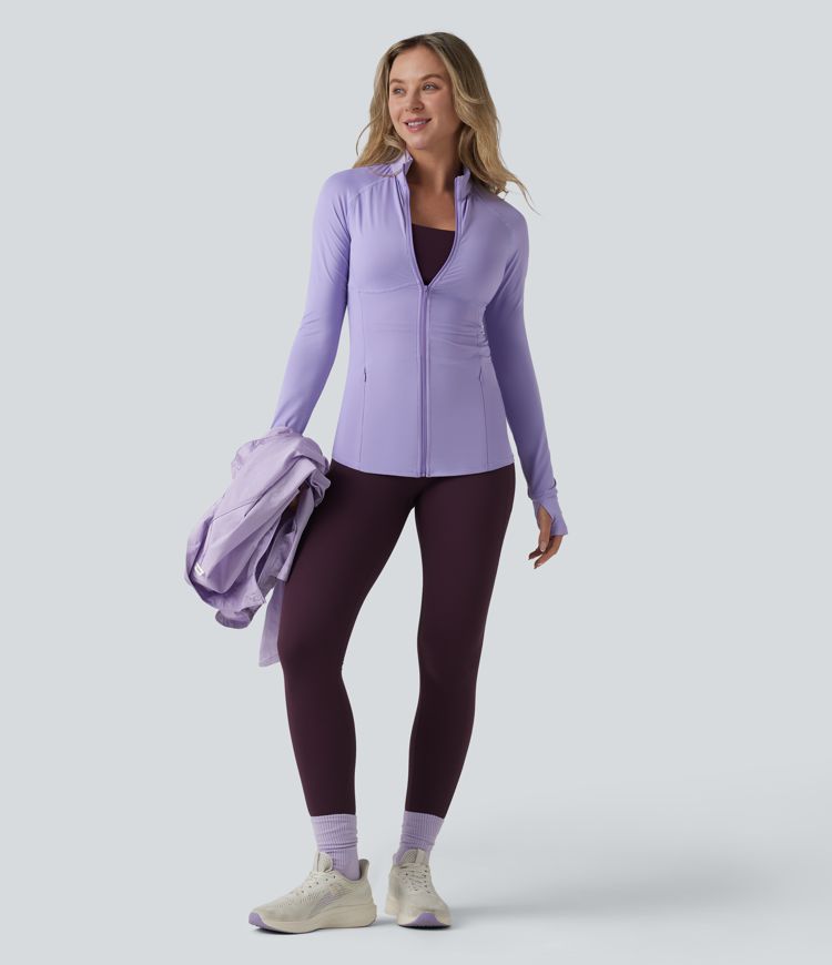 Durable Water Repellent Stand Collar Ruched Sleeve Drawstring Thumb Holes Hiking 3-in-1 Jacket with Pockets