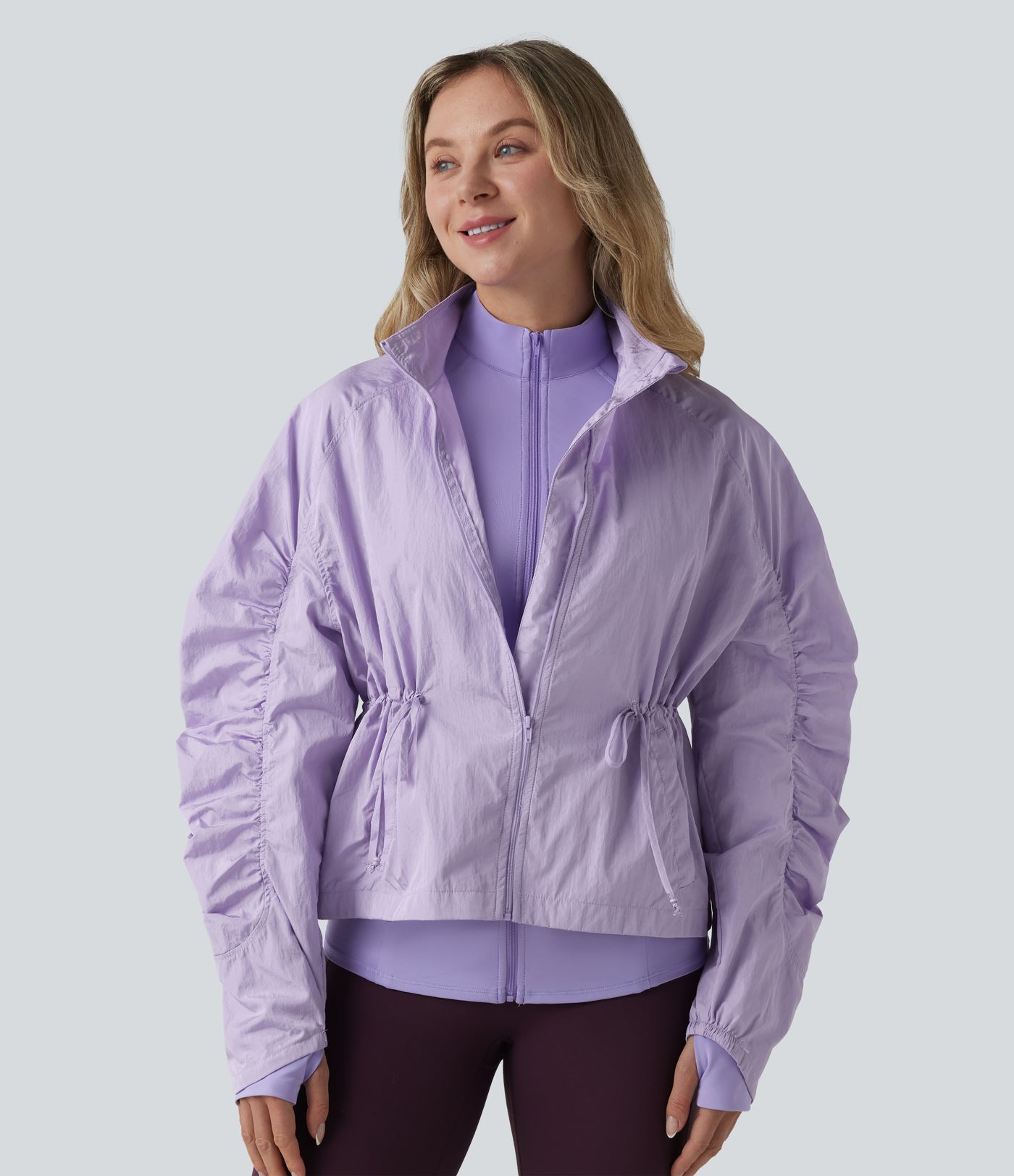 Durable Water Repellent Stand Collar Ruched Sleeve Drawstring Thumb Holes Hiking 3-in-1 Jacket with Pockets