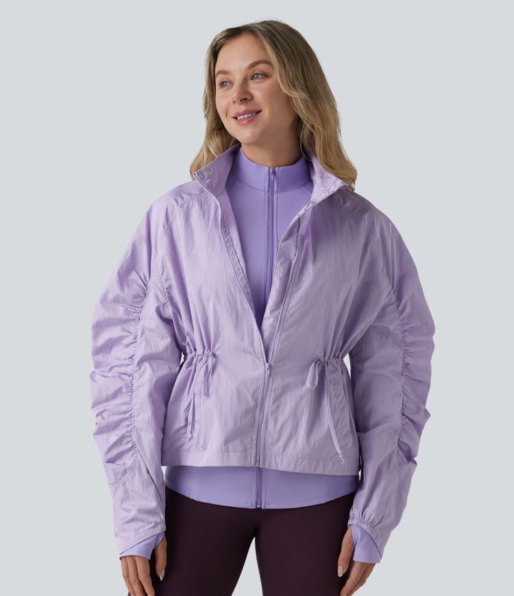 Durable Water Repellent Stand Collar Ruched Sleeve Drawstring Thumb Holes Hiking 3-in-1 Jacket with Pockets