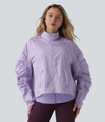 Durable Water Repellent Stand Collar Ruched Sleeve Drawstring Thumb Holes Hiking 3-in-1 Jacket with Pockets