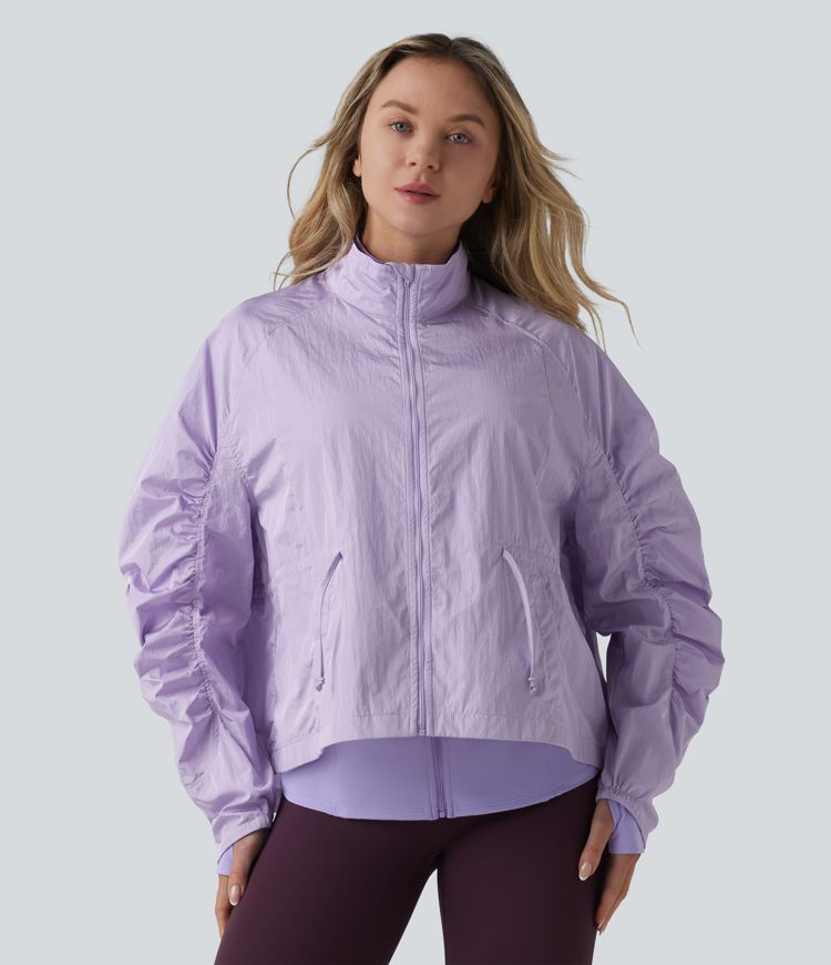 Durable Water Repellent Stand Collar Ruched Sleeve Drawstring Thumb Holes Hiking 3-in-1 Jacket with Pockets