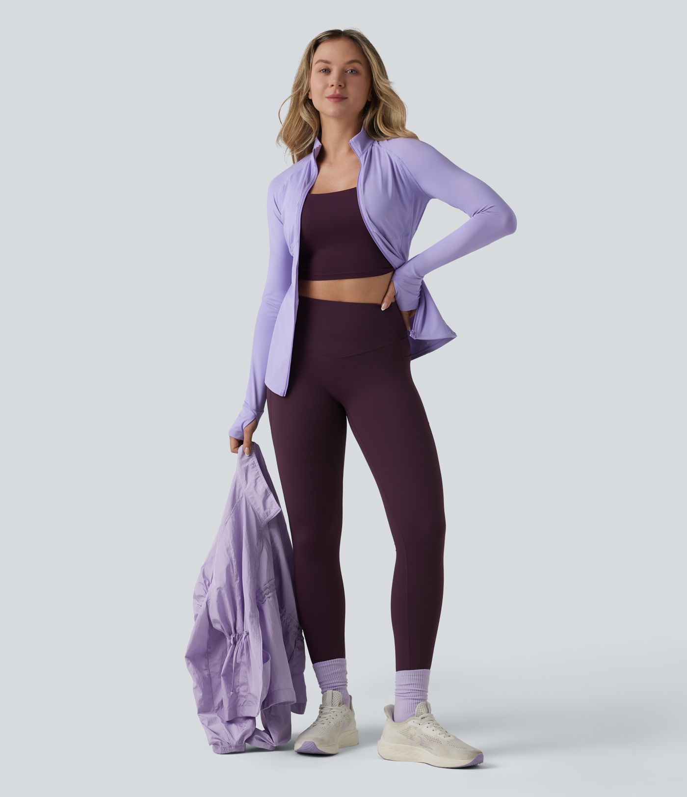 Durable Water Repellent Stand Collar Ruched Sleeve Drawstring Thumb Holes Hiking 3-in-1 Jacket with Pockets