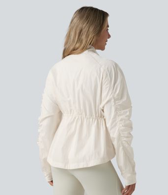 Durable Water Repellent Stand Collar Ruched Sleeve Drawstring Thumb Holes Hiking 3-in-1 Jacket with Pockets