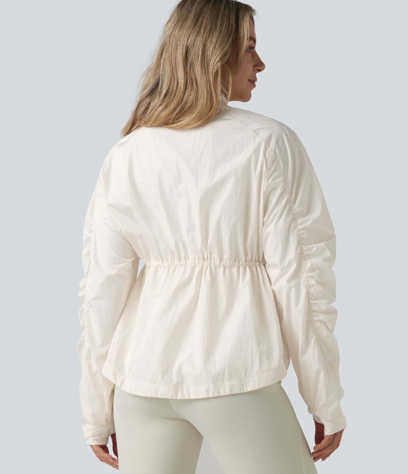 Durable Water Repellent Stand Collar Ruched Sleeve Drawstring Thumb Holes Hiking 3-in-1 Jacket with Pockets