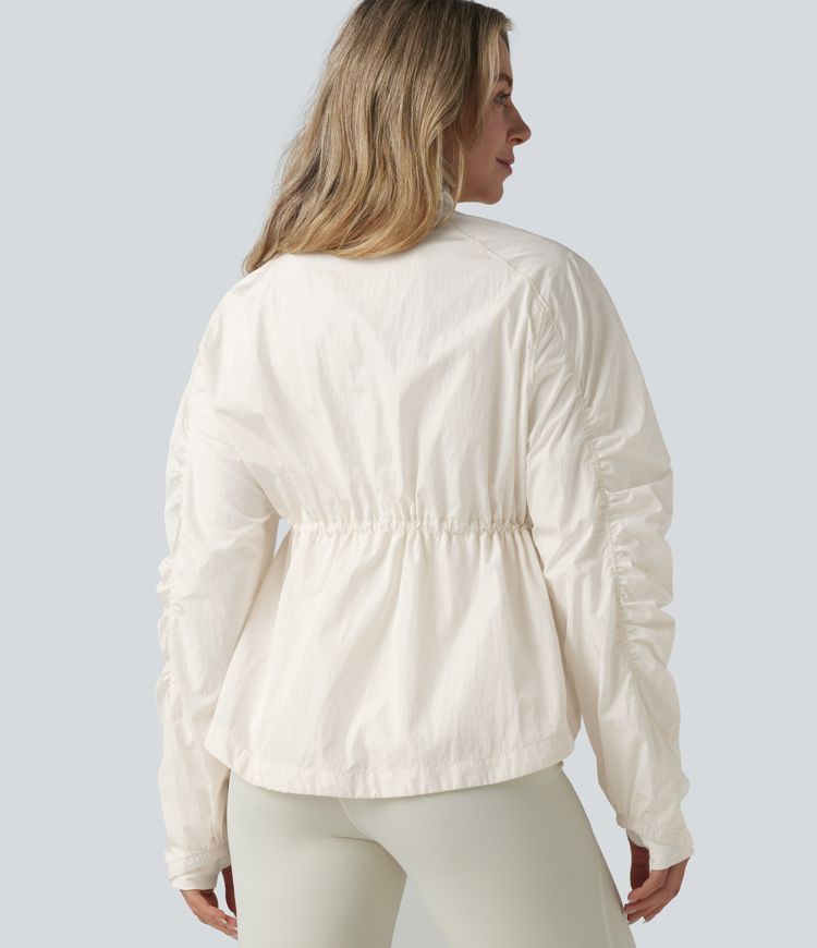 Durable Water Repellent Stand Collar Ruched Sleeve Drawstring Thumb Holes Hiking 3-in-1 Jacket with Pockets