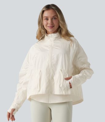 Durable Water Repellent Stand Collar Ruched Sleeve Drawstring Thumb Holes Hiking 3-in-1 Jacket with Pockets