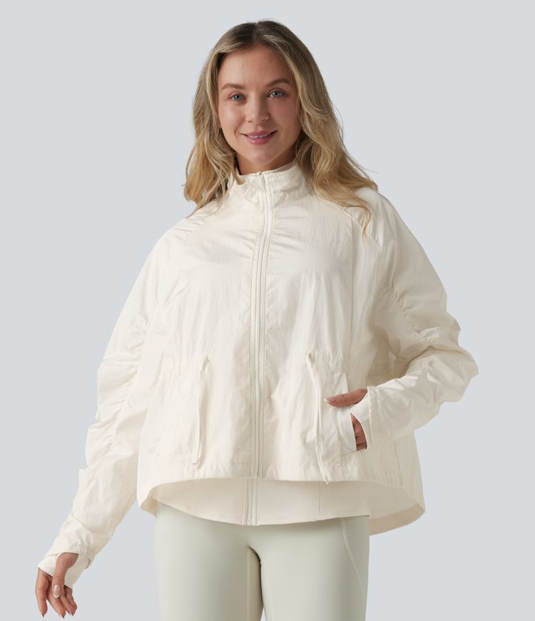 Durable Water Repellent Stand Collar Ruched Sleeve Drawstring Thumb Holes Hiking 3-in-1 Jacket with Pockets