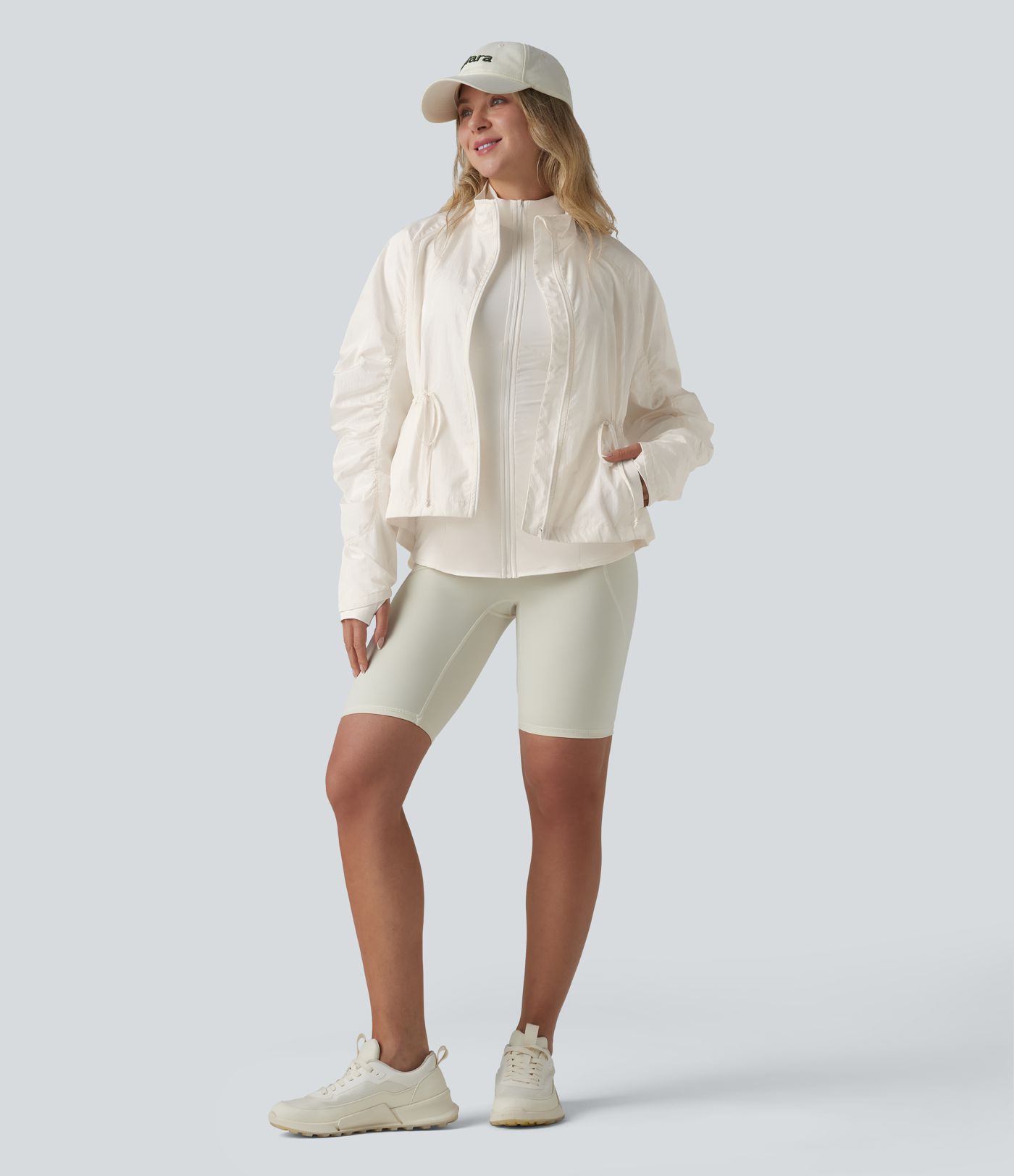 Durable Water Repellent Stand Collar Ruched Sleeve Drawstring Thumb Holes Hiking 3-in-1 Jacket with Pockets