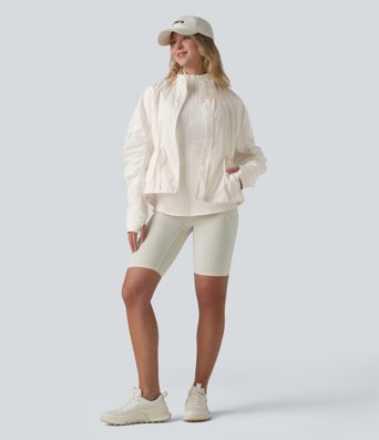 Durable Water Repellent Stand Collar Ruched Sleeve Drawstring Thumb Holes Hiking 3-in-1 Jacket with Pockets