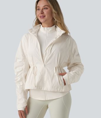 Durable Water Repellent Stand Collar Ruched Sleeve Drawstring Thumb Holes Hiking 3-in-1 Jacket with Pockets