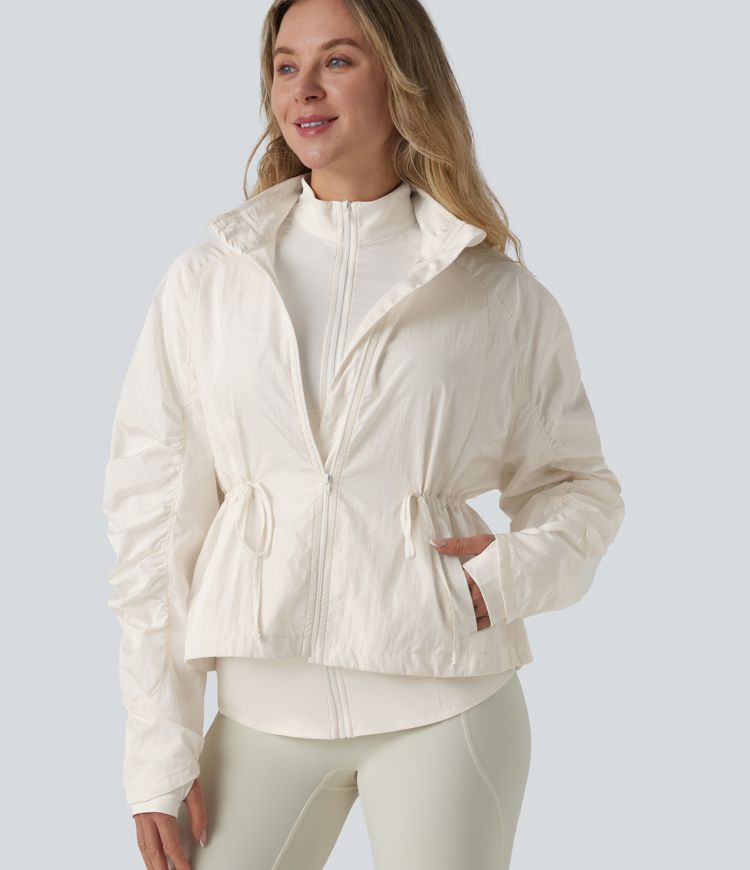 Durable Water Repellent Stand Collar Ruched Sleeve Drawstring Thumb Holes Hiking 3-in-1 Jacket with Pockets