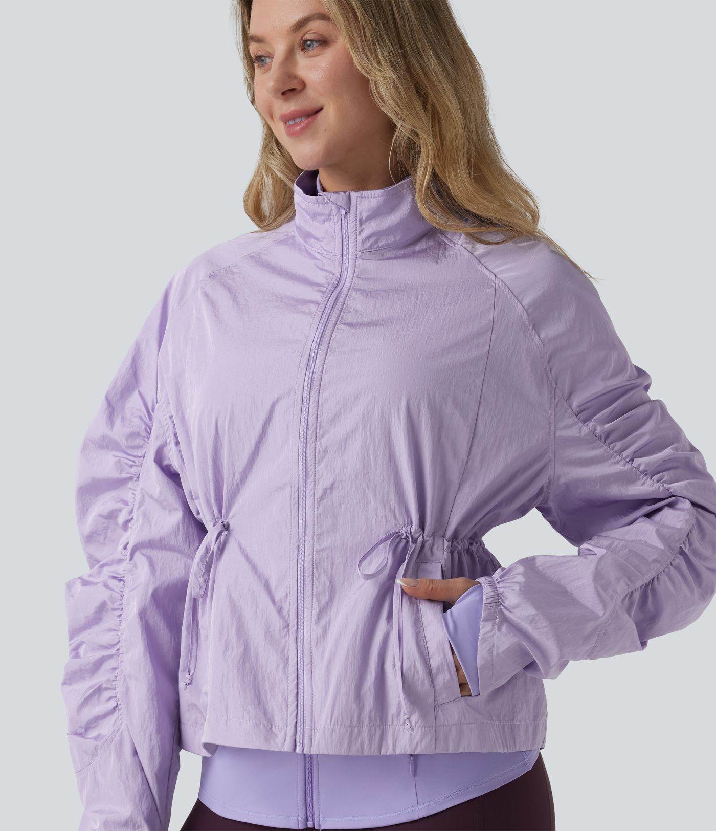 Durable Water Repellent Stand Collar Ruched Sleeve Drawstring Thumb Holes Hiking 3-in-1 Jacket with Pockets