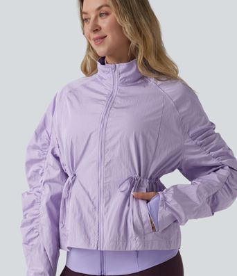 Durable Water Repellent Stand Collar Ruched Sleeve Drawstring Thumb Holes Hiking 3-in-1 Jacket with Pockets