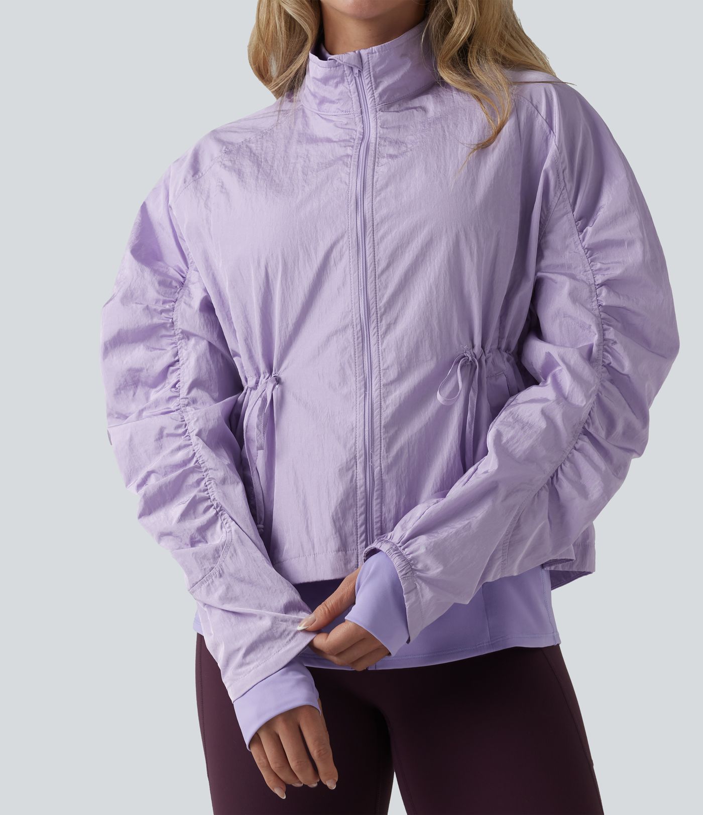 Durable Water Repellent Stand Collar Ruched Sleeve Drawstring Thumb Holes Hiking 3-in-1 Jacket with Pockets