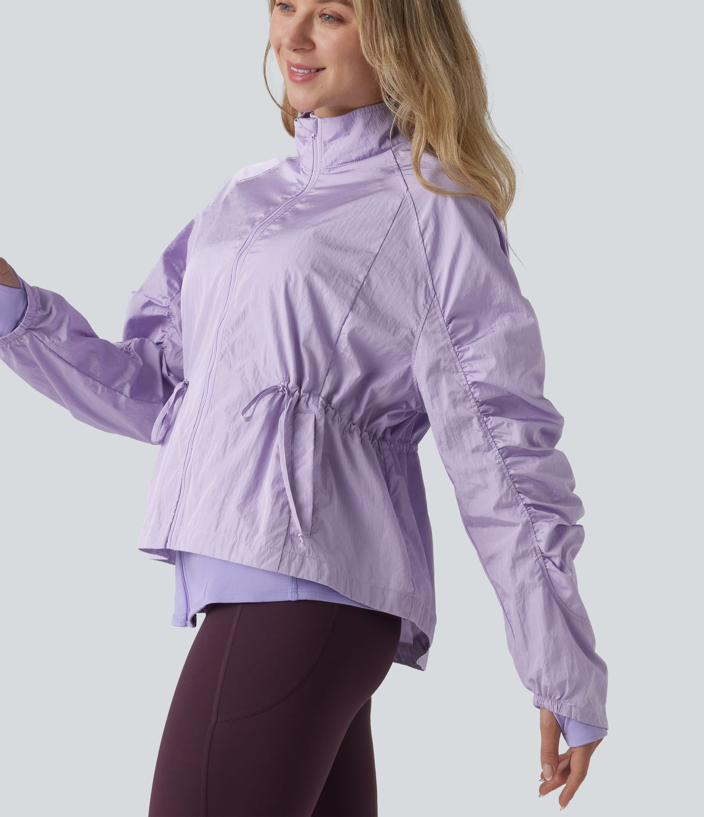 Durable Water Repellent Stand Collar Ruched Sleeve Drawstring Thumb Holes Hiking 3-in-1 Jacket with Pockets