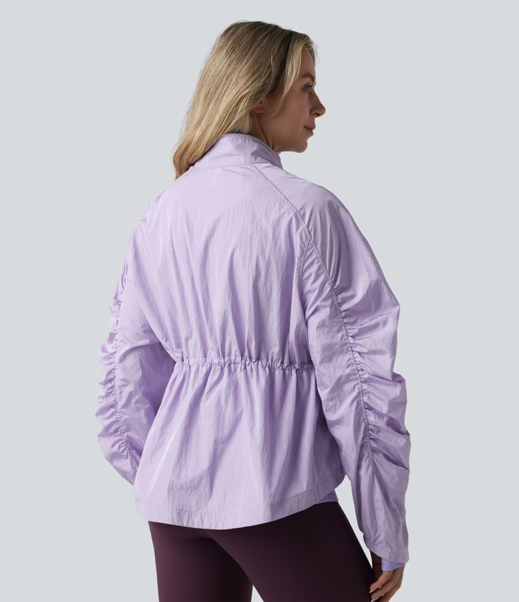 Durable Water Repellent Stand Collar Ruched Sleeve Drawstring Thumb Holes Hiking 3-in-1 Jacket with Pockets