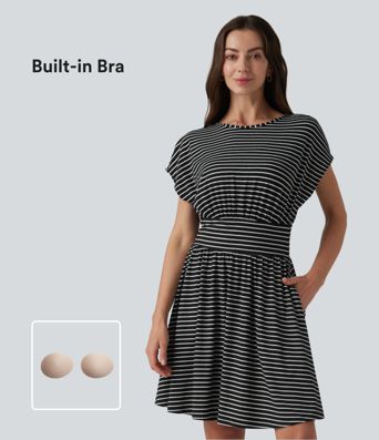 Round Neck Short Sleeve Built-in Bra Stripes Mini Casual Flowy Dress with Pockets