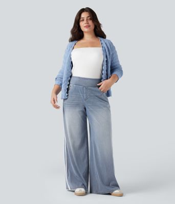 Halara Flex™ High Waisted Stripe Wide Leg Flowy Washed Casual Plus Size Jeans with Pockets