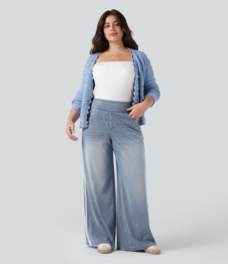 Halara Flex™ High Waisted Stripe Wide Leg Flowy Washed Casual Plus Size Jeans with Pockets