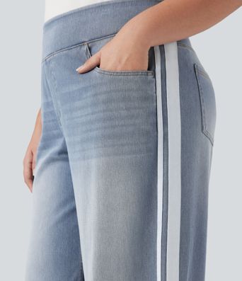 Halara Flex™ High Waisted Stripe Wide Leg Flowy Washed Casual Plus Size Jeans with Pockets