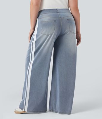 Halara Flex™ High Waisted Stripe Wide Leg Flowy Washed Casual Plus Size Jeans with Pockets