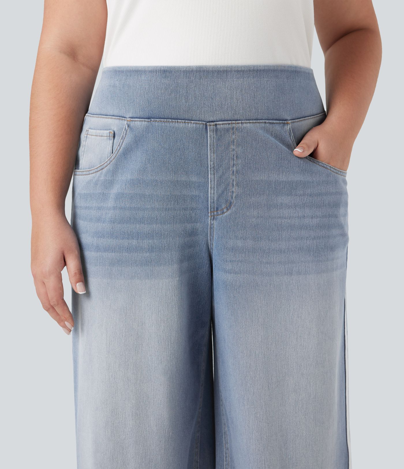 Halara Flex™ High Waisted Stripe Wide Leg Flowy Washed Casual Plus Size Jeans with Pockets