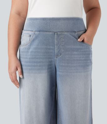 Halara Flex™ High Waisted Stripe Wide Leg Flowy Washed Casual Plus Size Jeans with Pockets