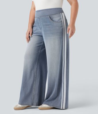 Halara Flex™ High Waisted Stripe Wide Leg Flowy Washed Casual Plus Size Jeans with Pockets