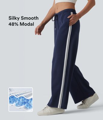 SpacerTek™ V Shaped Low Rise Drawstring Wide Leg Stripe Casual Trousers with Pockets