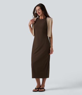 Ribbed Round Neck Sleeveless Built-in Bra Bodycon Midi Casual Dress