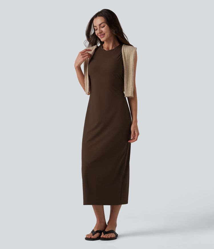 Ribbed Round Neck Sleeveless Built-in Bra Bodycon Midi Casual Dress